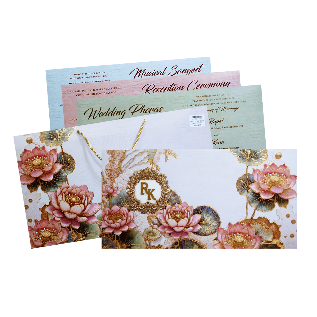 Pastel Lotus Floral Padded Wedding Invitation Card-KPR24720