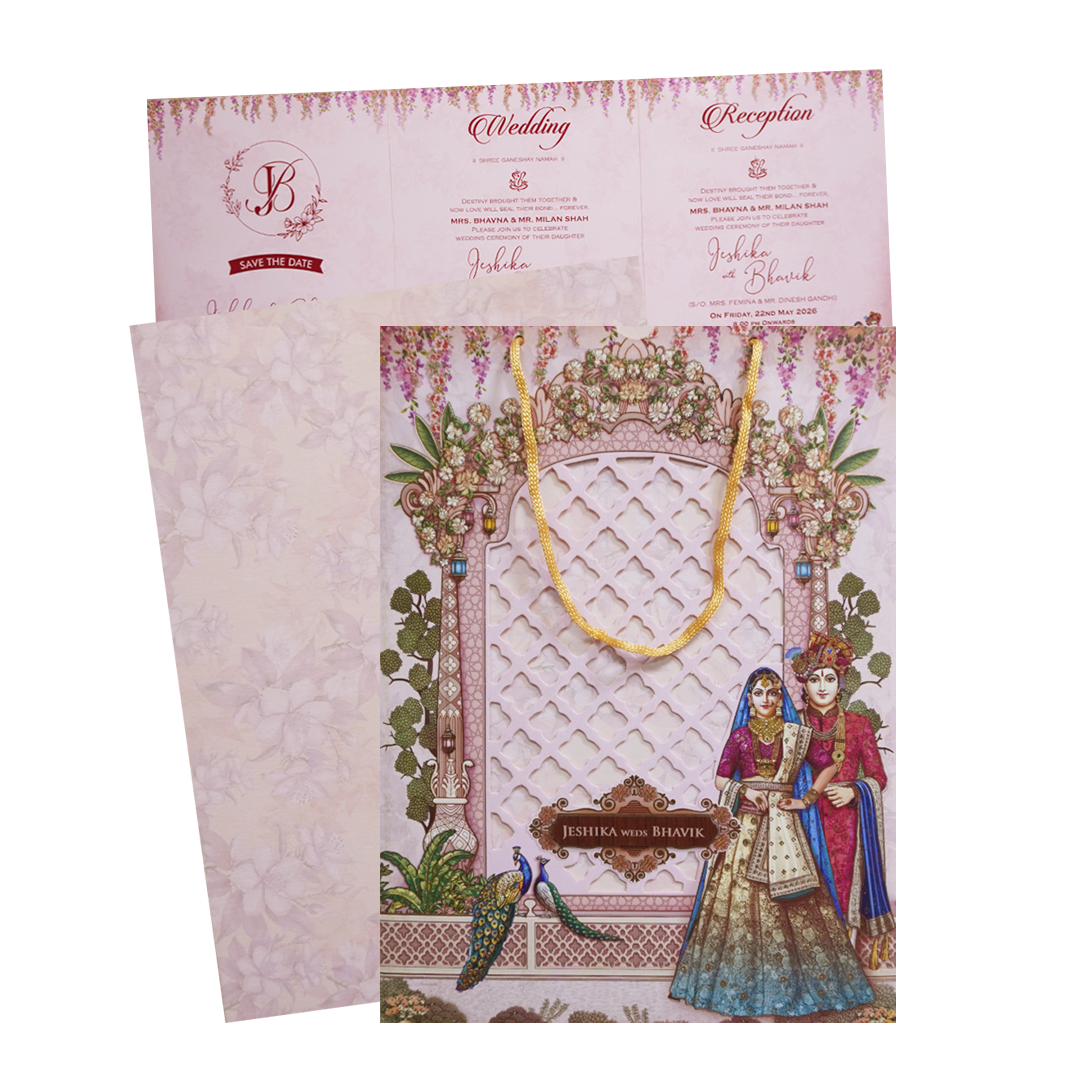 Royal Pink Couple Peacock Bag Wedding Card - KSH73180