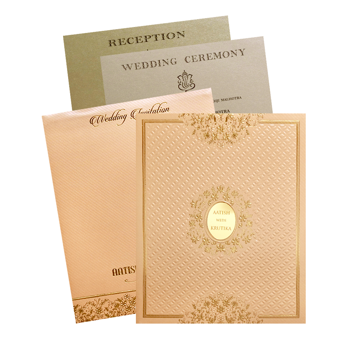 Orange Gold Embossed Floral Padded Wedding Card-KMMWD1136