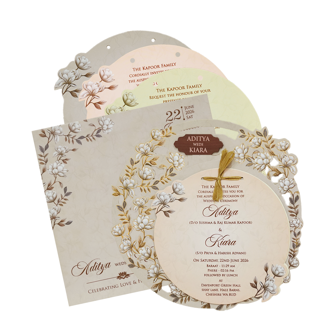 Check out Grey Floral Circular Insert Wedding Card at best price. ✅WhatsApp Support ✅Express Delivery.|King of cards.