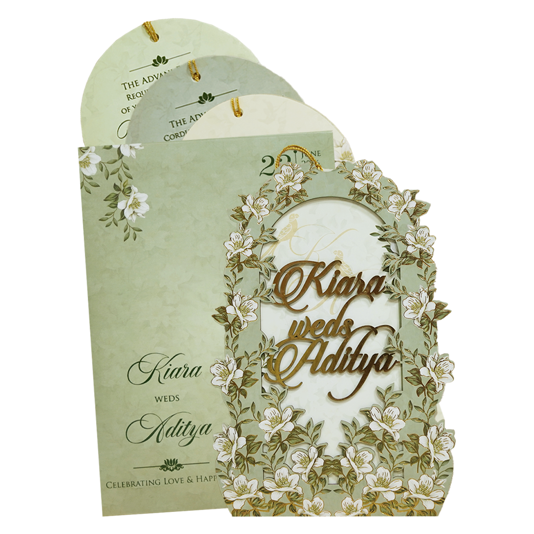 Green Floral Arch Laser-Cut Wedding Card - KFR16130