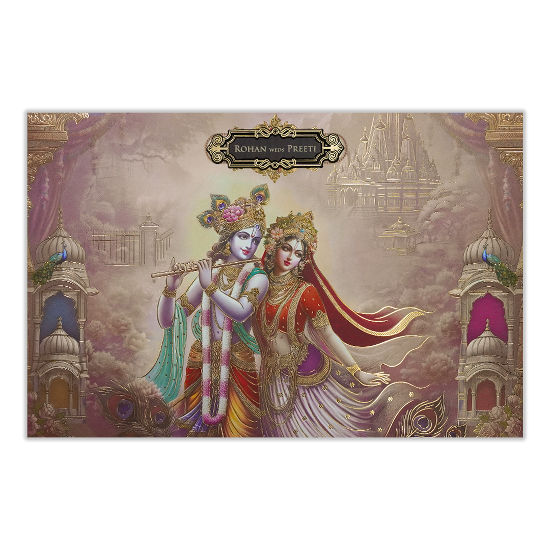 Pink Krishna Radha Padded Wedding Card-KSH72120