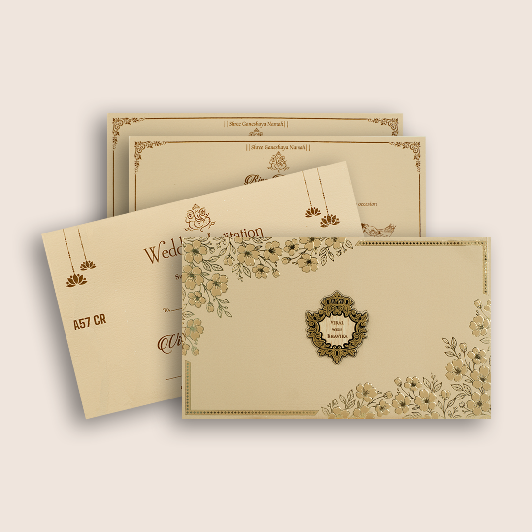 Cream Embossed Floral Padded Wedding Invitations - KMARA571