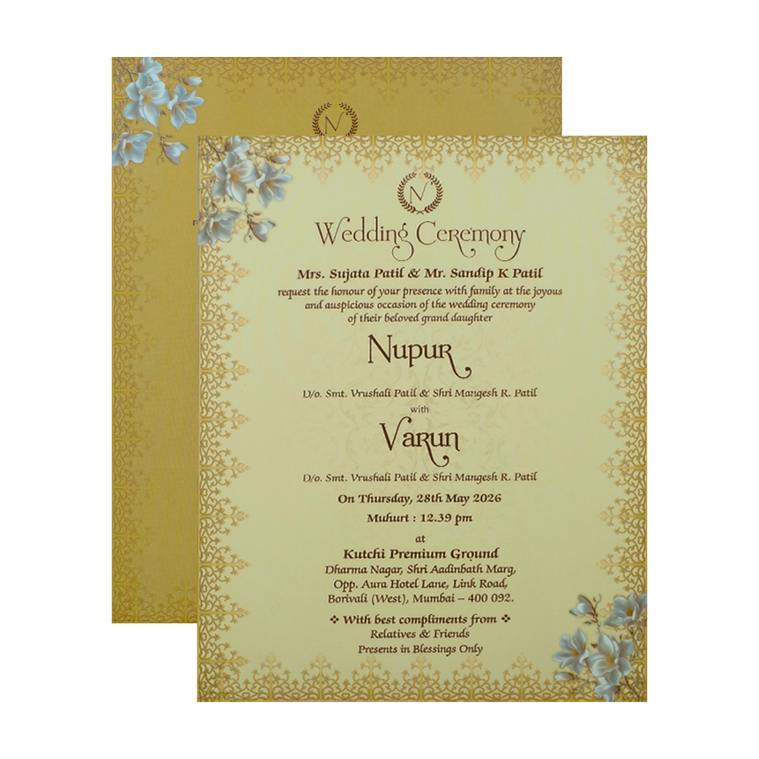 Blue Gold Floral Padded Wedding card-KRE28020
