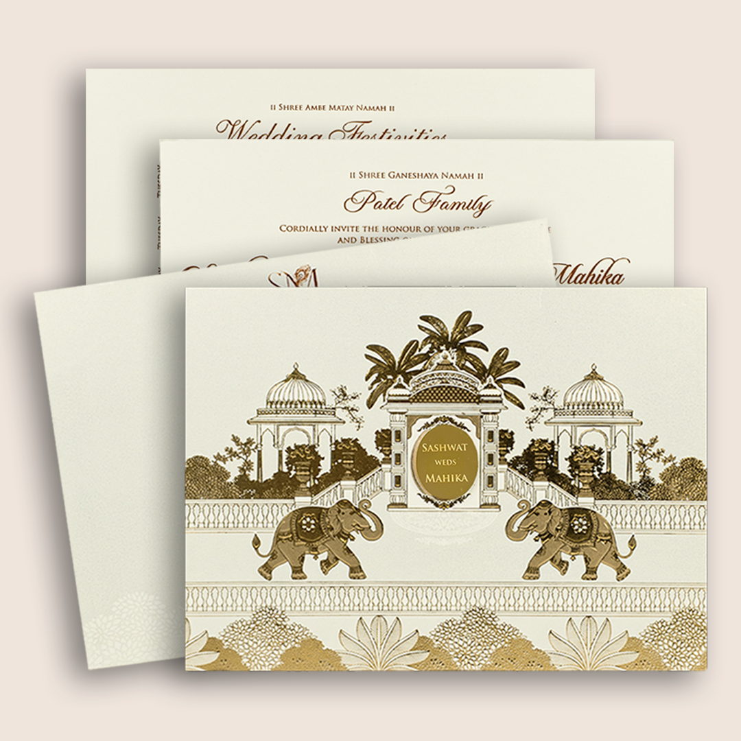 Ivory Jharokha Elephant Padded Invitation Card - KRE29270