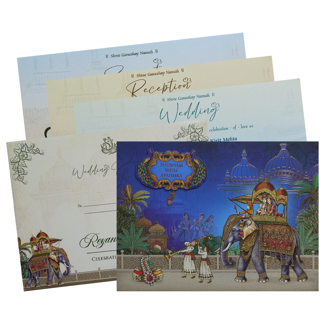 Blue Royal Elephant Padded Wedding Card - KSH73090