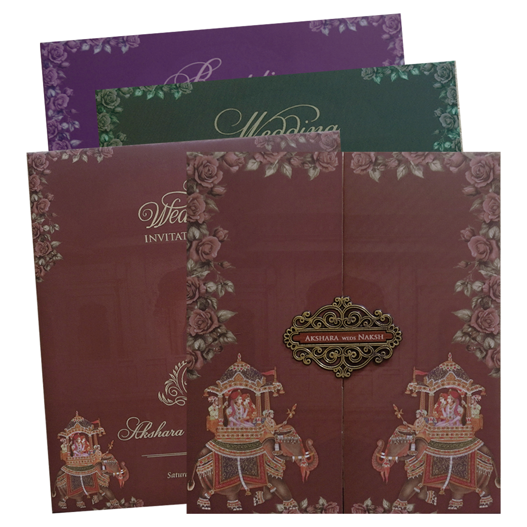 Maroon Royal Couple Elephant Wedding Invitation Card - KVN07570