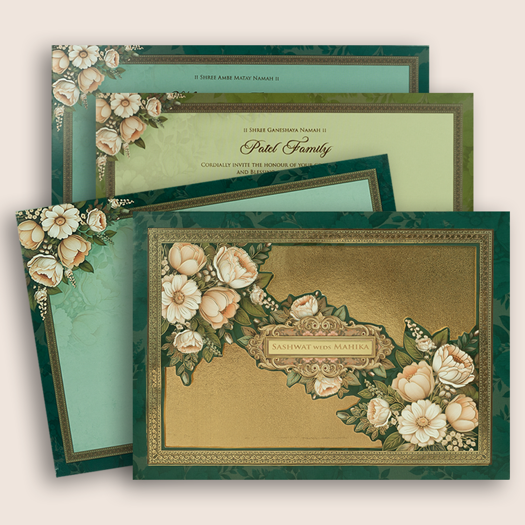 Green Floral Laser Cut Padded Invitation Card - KRE29050