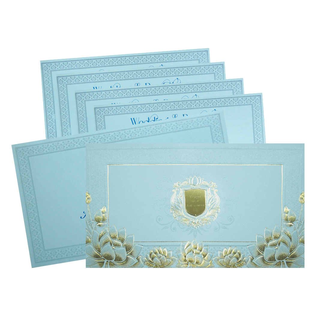 Blue Lotus Gold Foil Luxury Wedding Invitation Card