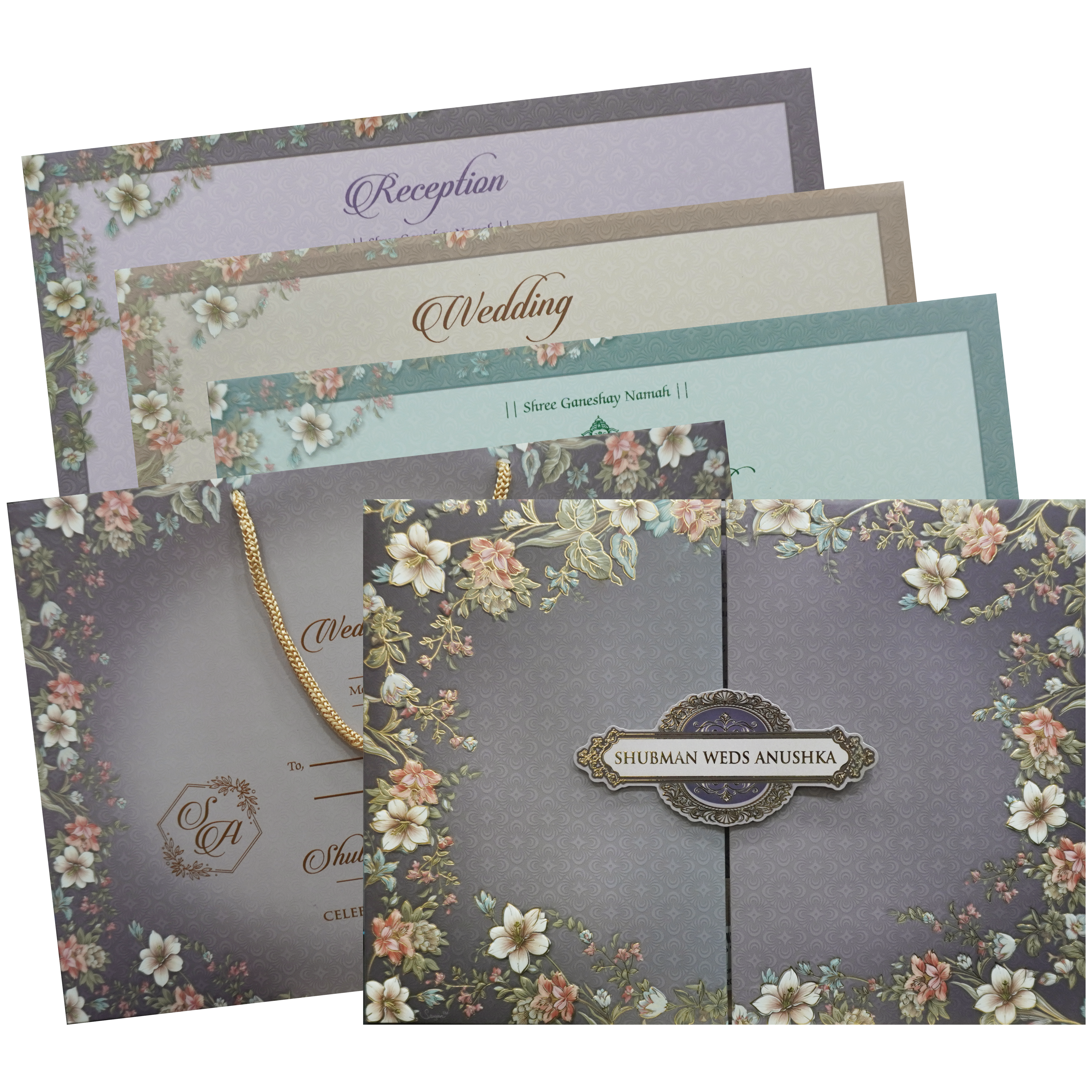 Shop Purple Floral Doorstyle Bag Wedding Card with bag envelope, unique doorstyle opening, and 2 colorful inserts. ?WhatsApp Support ?Express Delivery.