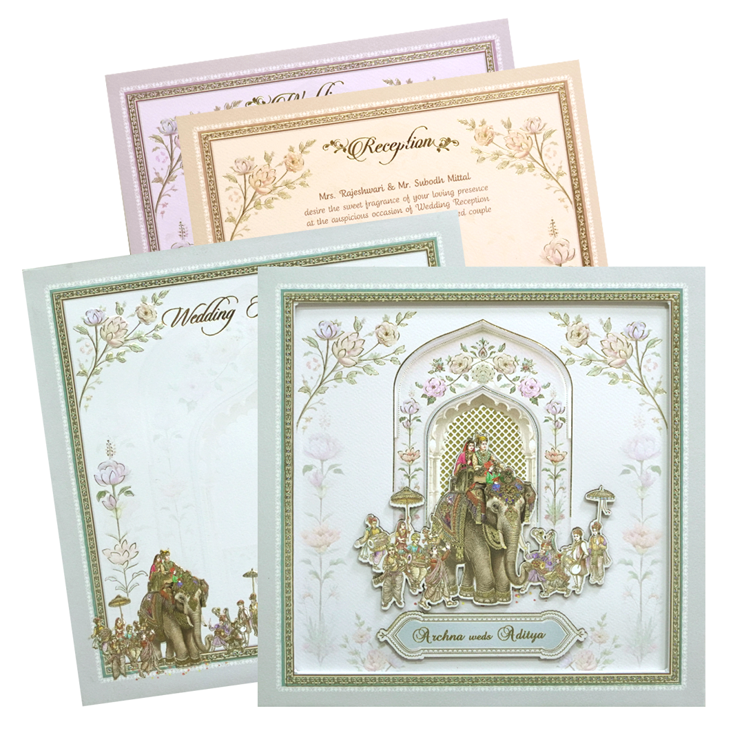 Grey & Gold 3D Padded Elephant Procession Wedding Card-KMMEX8060