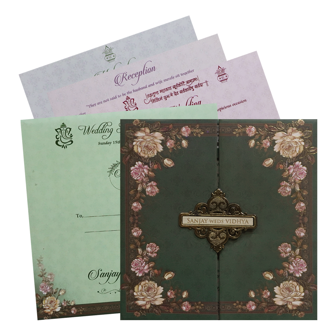 Green Floral Padded Wedding Card - KSH72780
