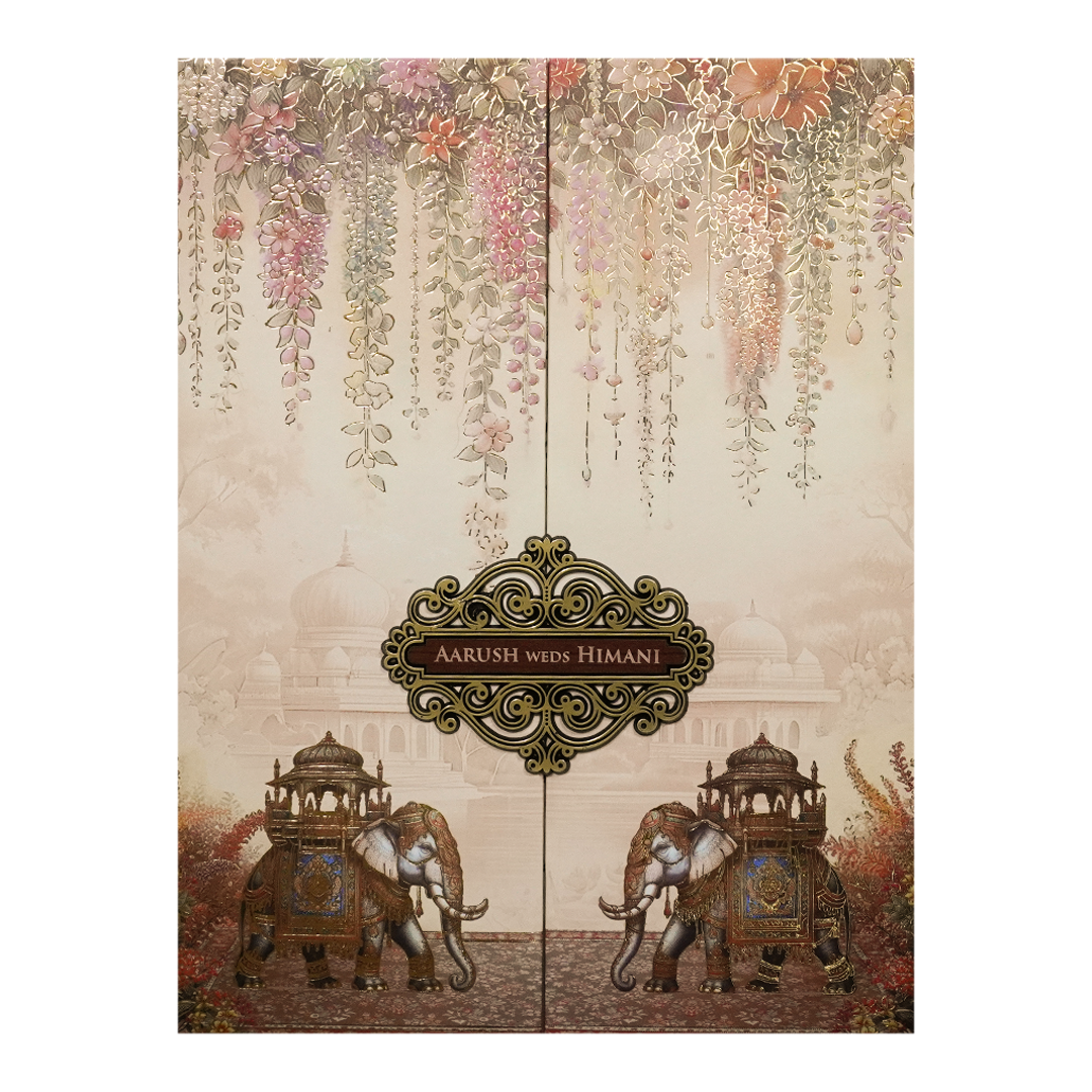 Cream Floral Elephant Padded Wedding Card-KSH72420