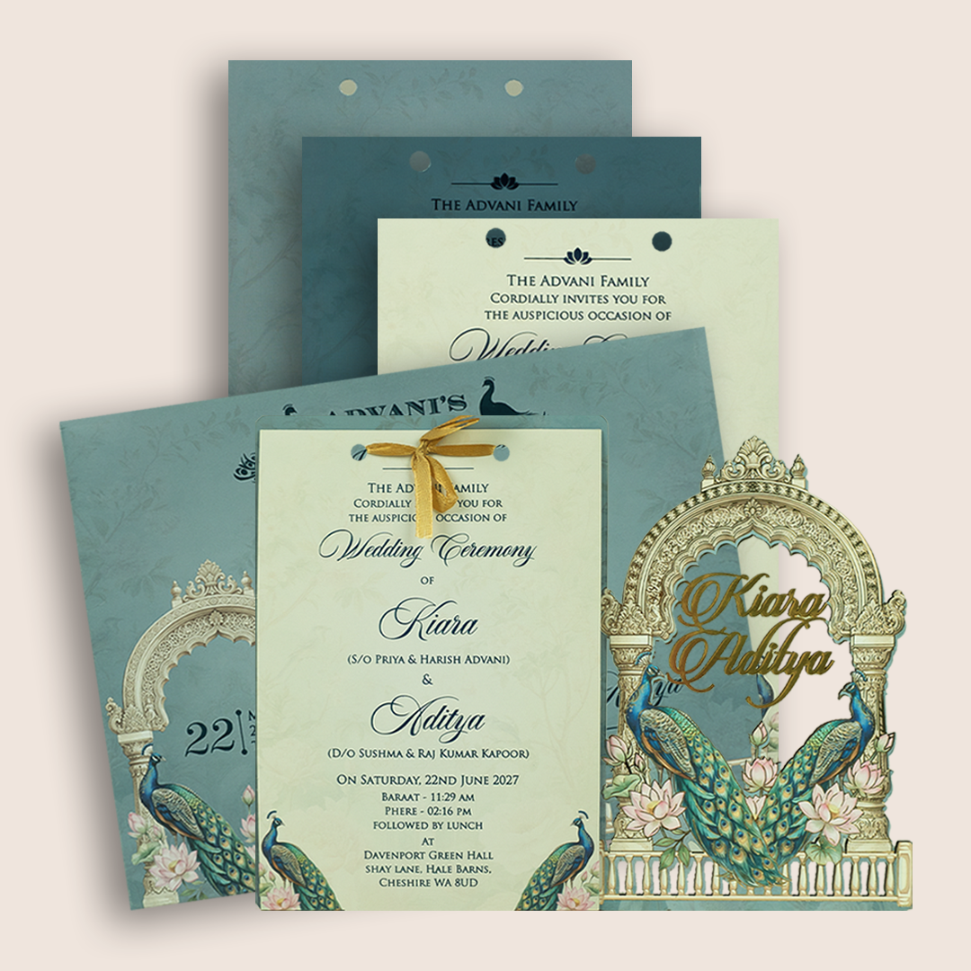 Pastel Blue Peacock MDF Laser Cut Marriage Card - KFR17060