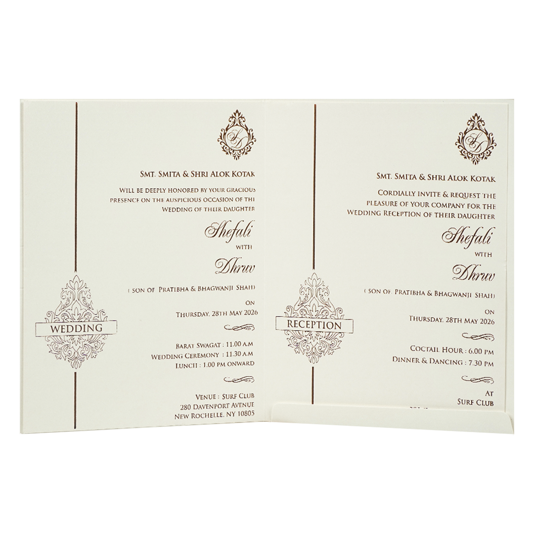 White Embossed Wooden Medallion Wedding Card-KRE28460