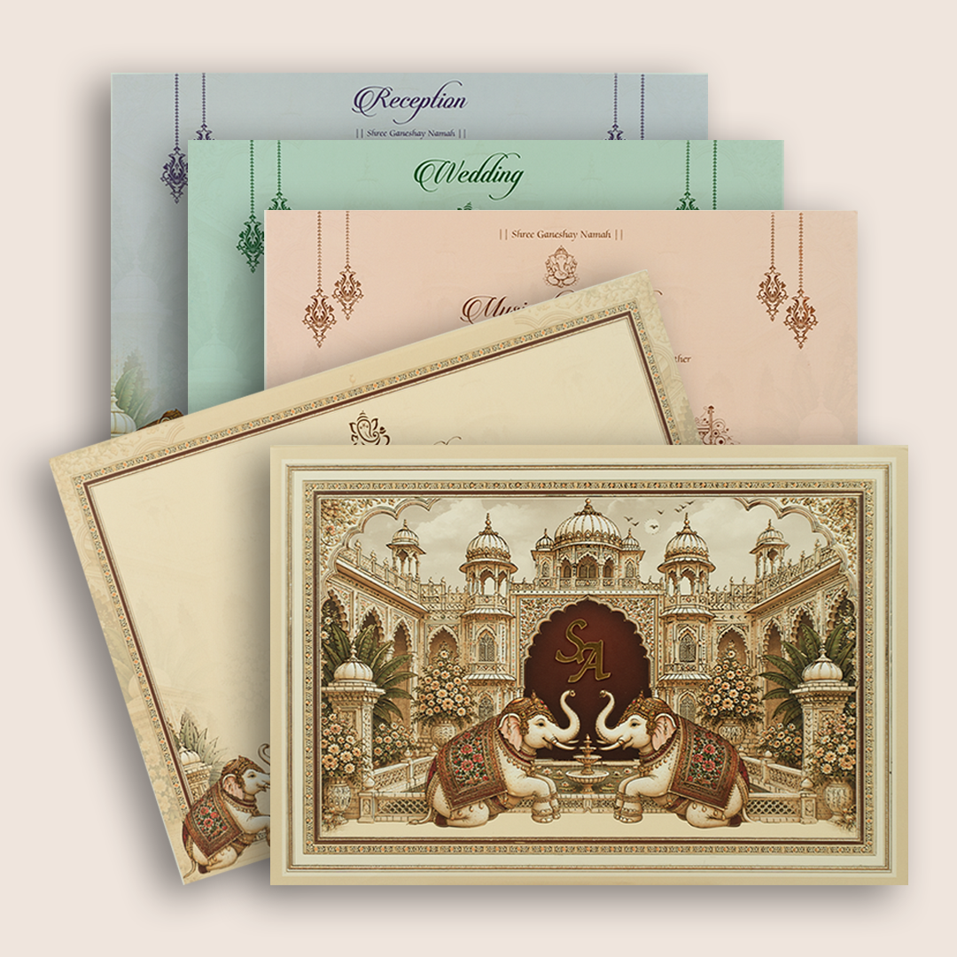 Beige Royal Palace Elephant Padded Wedding Card - KRB10730