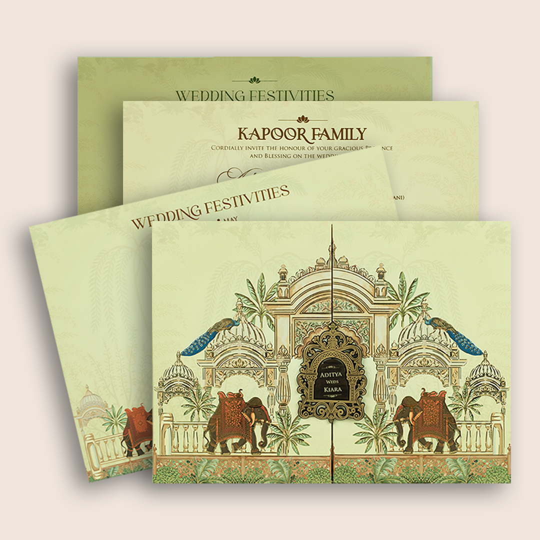 Cream Jharokha Door Style Padded Wedding Card - KFR17500