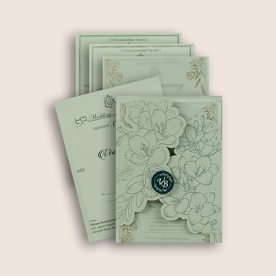 Pastel Green Floral Laser Cut Wedding Invitation - KMARA531