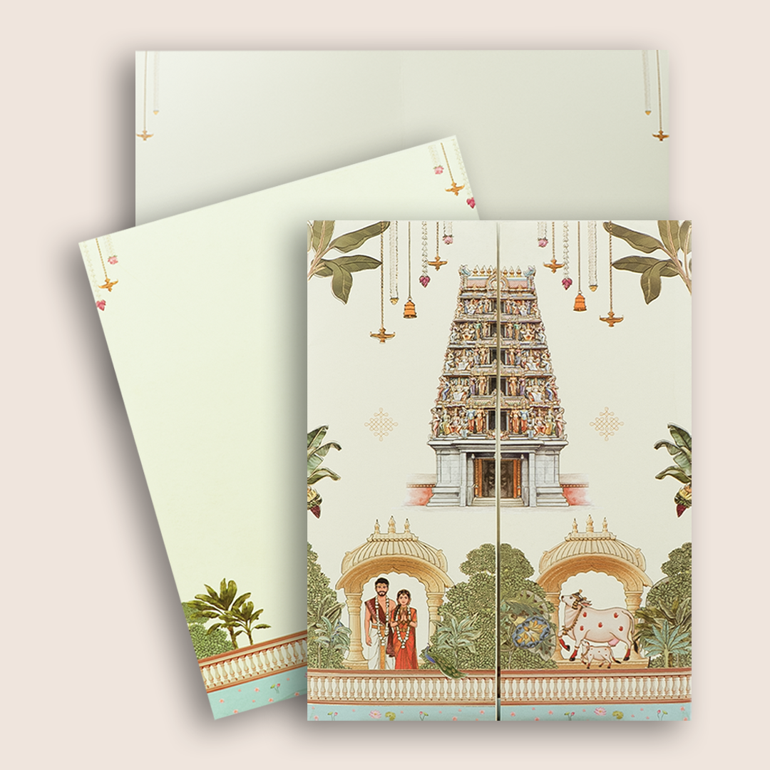 Cream South Indian Temple Door Style Wedding Invitation - KNKJ1167