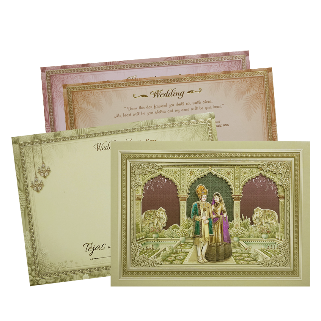 Green Palace Couple & Elephant Padded Wedding Card-KMMEX8010