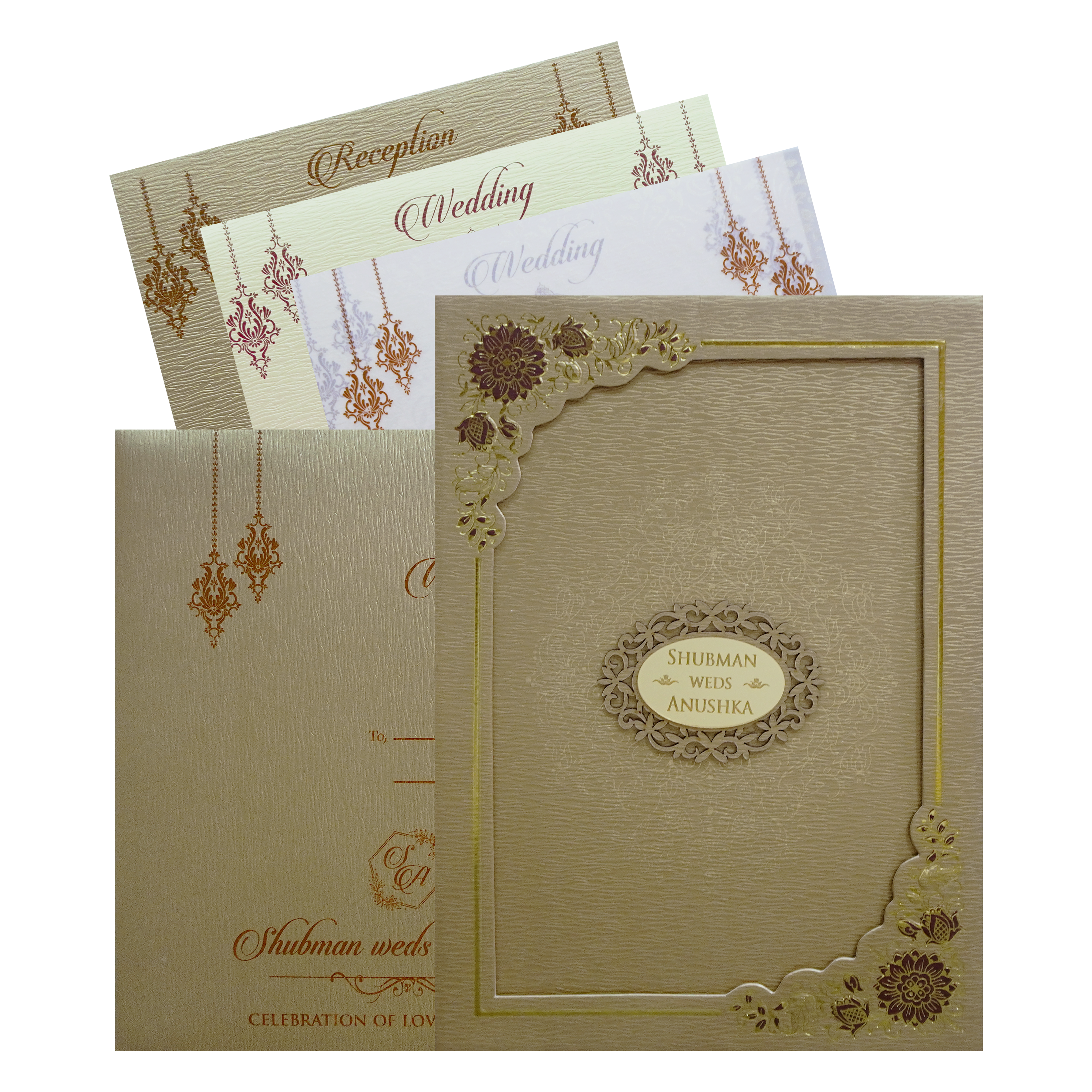 Gold Embossed Floral Padded Wedding Card-KRB09670
