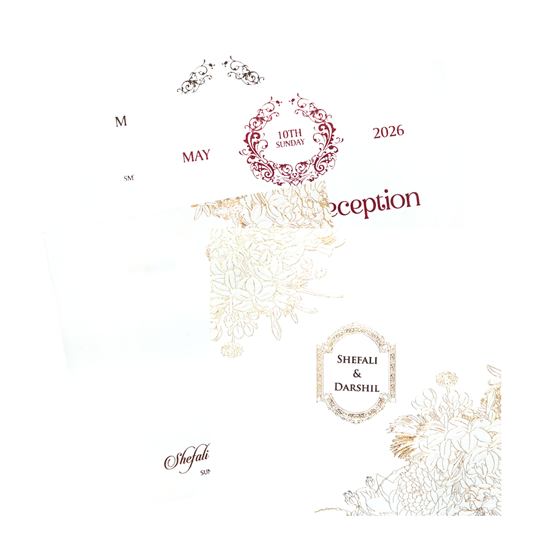 White Gold Floral Embossed Wedding Invitation Card-KPR06570