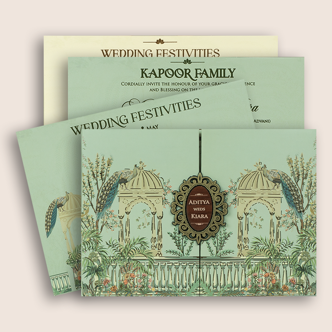 Pastel Green Peacock Door Style Padded Wedding Card - KFR16390