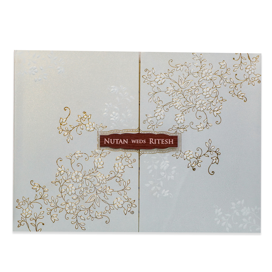 White Gold Floral Door Style Padded Wedding Card - KRE25880