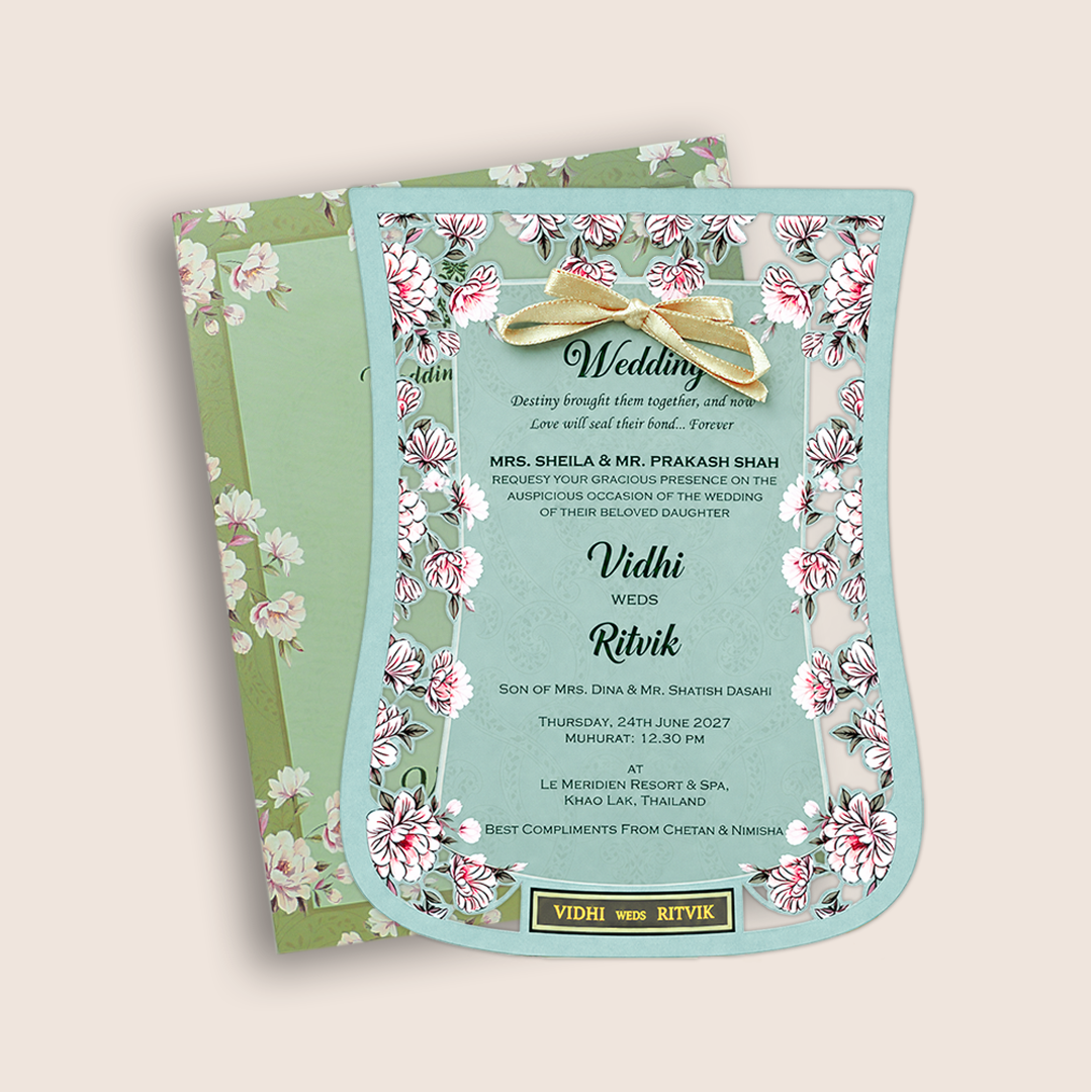 Pastel Green Laser Cut Floral wedding Card - KVN07830