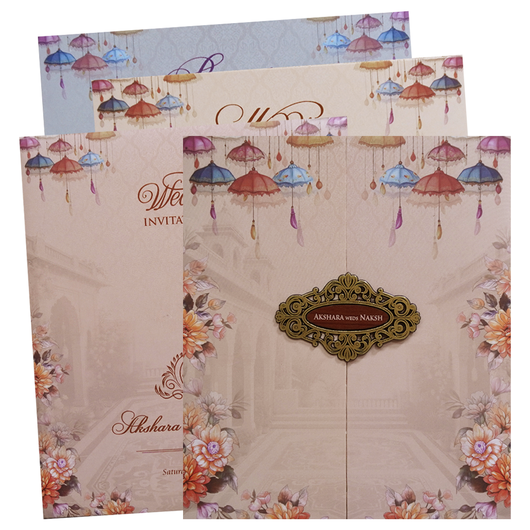 Cream Umbrella Floral Door Wedding Invitation Card - KVN07630