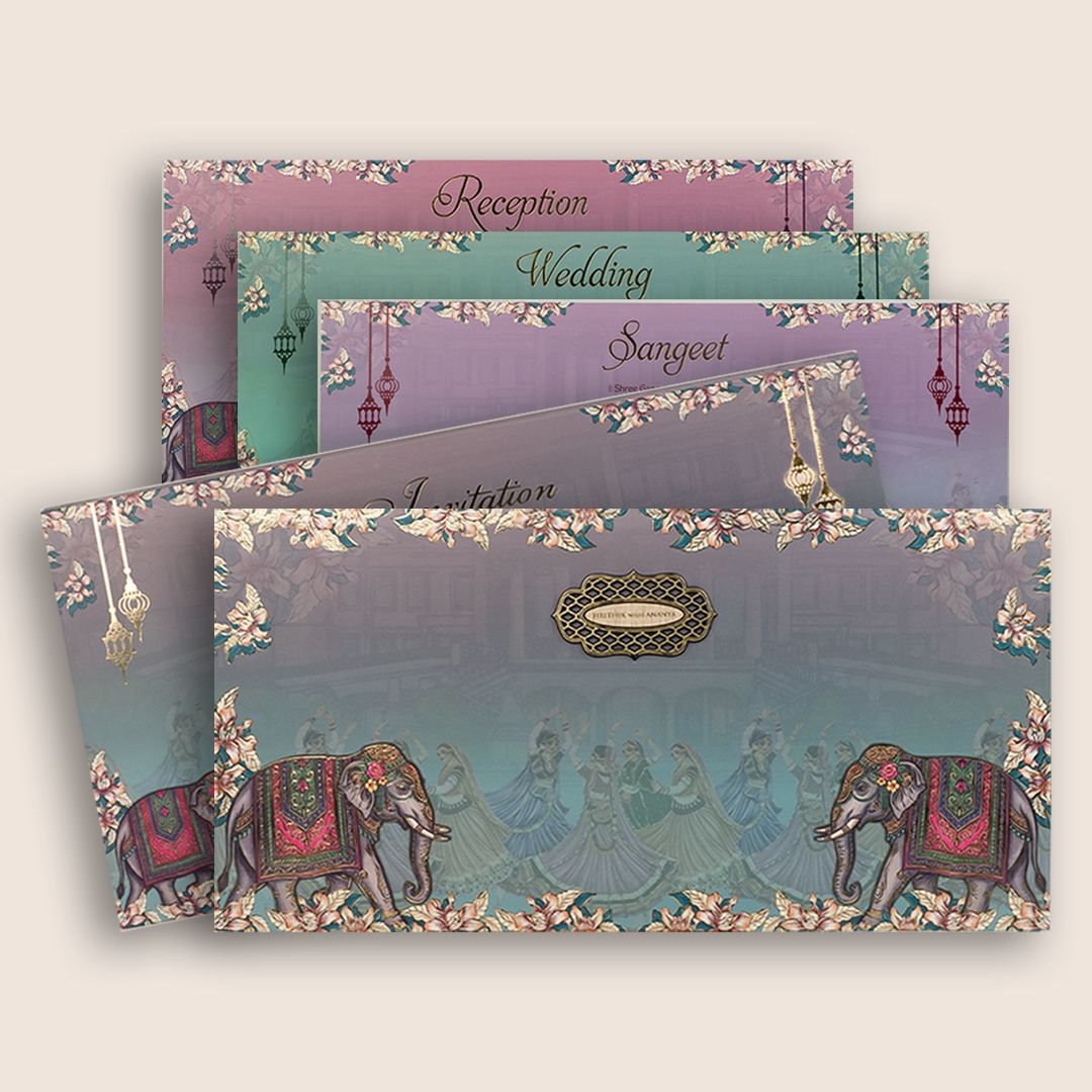 Blue Floral Embossed Elephant Padded Wedding Invitation- KVN07820