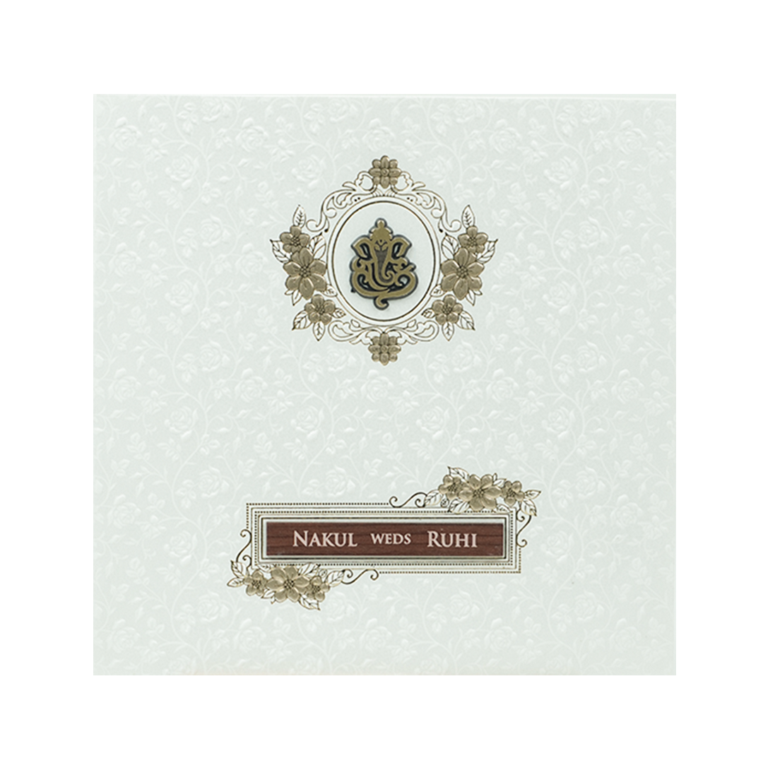 White Ganesha Floral Embossed Wedding Card-KRE28550