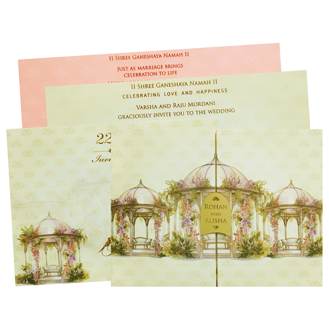 Yellow Pink Dome Gazebo Floral Padded Wedding Card - KFR16320