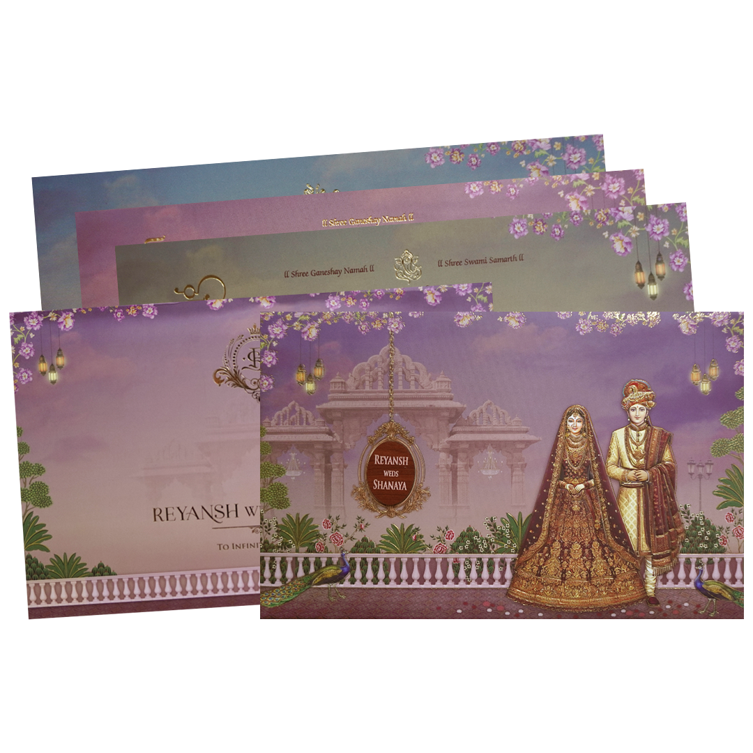Royal Couple Purple Palace Padded Wedding Card - KVN07740