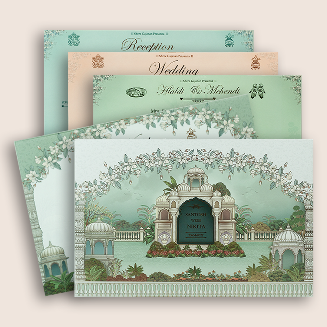 Green Floral Jharokha Palace Padded Wedding Card - KSH18810