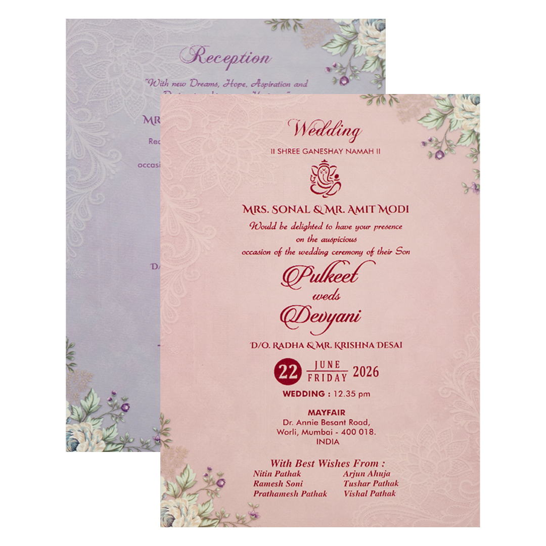 Blue Floral Lantern Padded Wedding Card-KJTS1833