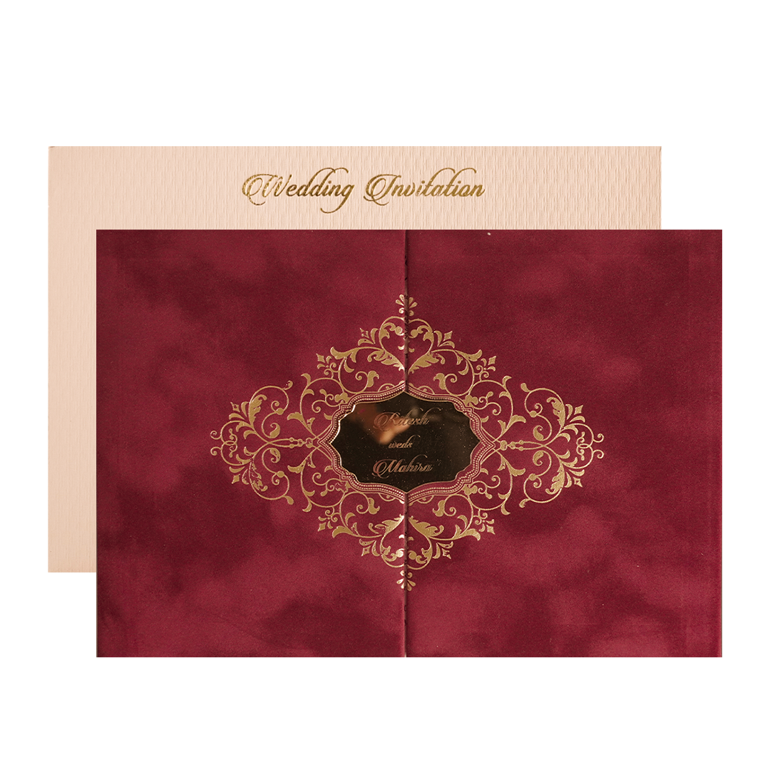 Maroon Gatefold Emblem Padded Wedding Card-KMMWD1164