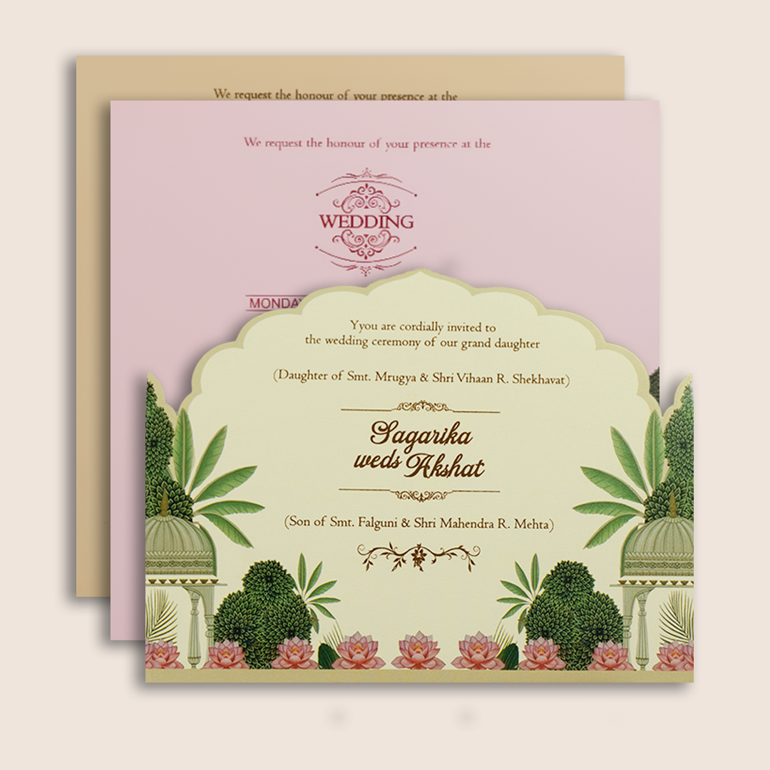 Cream Embossed Bride Groom Floral Padded Invitation Card - KPR026040