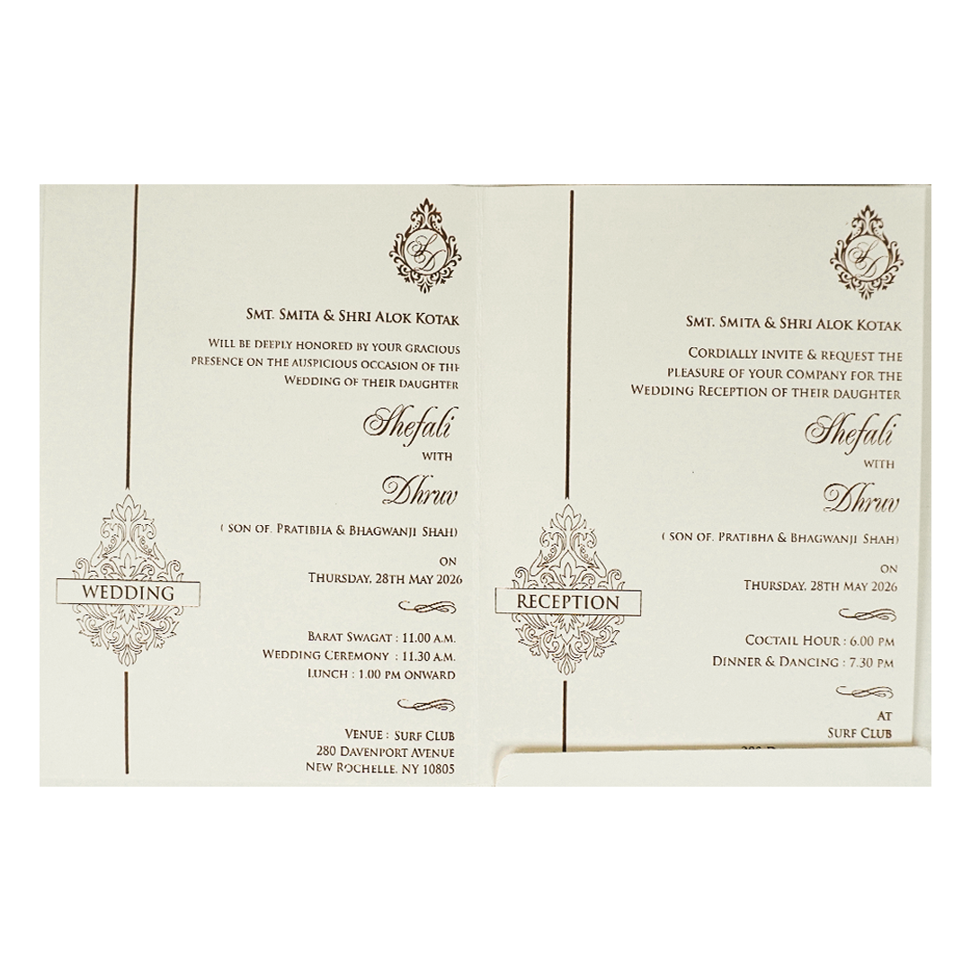 White Monogram Ganesha Embossed Wedding card-KRE28440