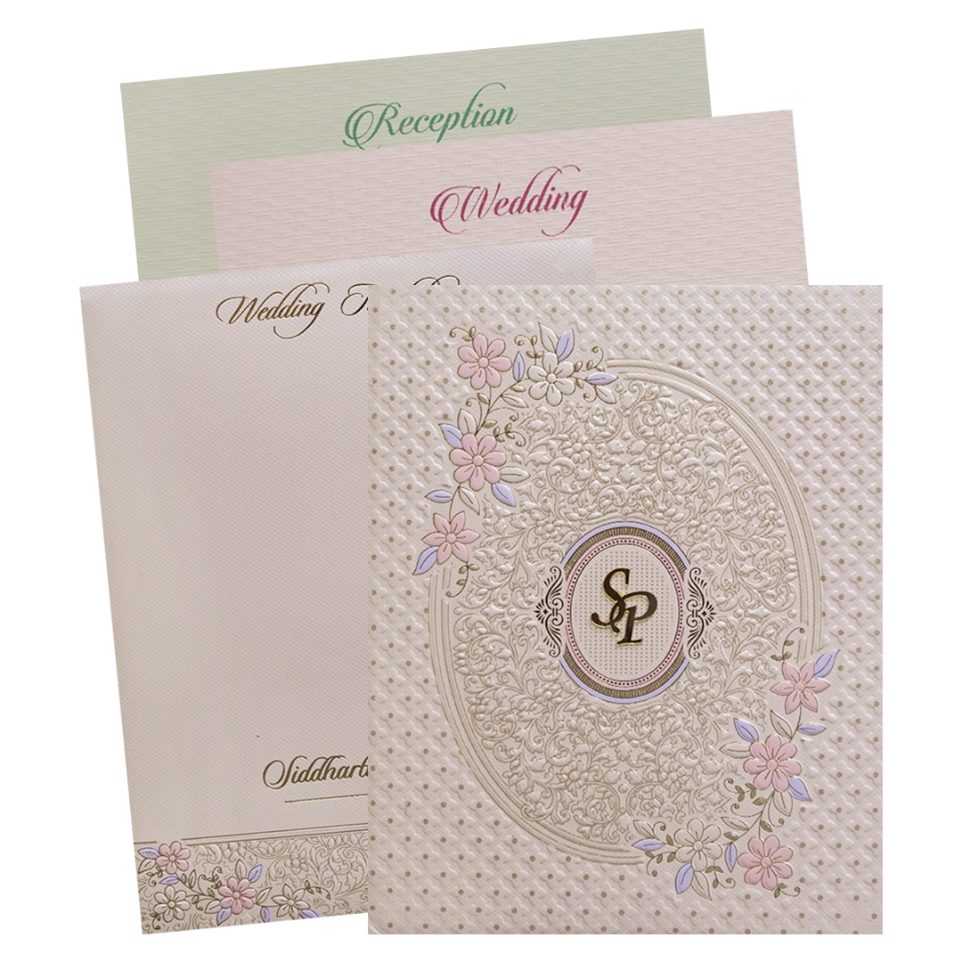 Pink Floral Embossed Padded Wedding Card - KMMWD1126