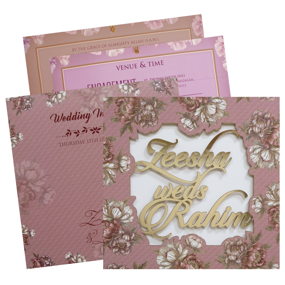 Pink Floral Script Acrylic Padded Wedding Card - KVN07510