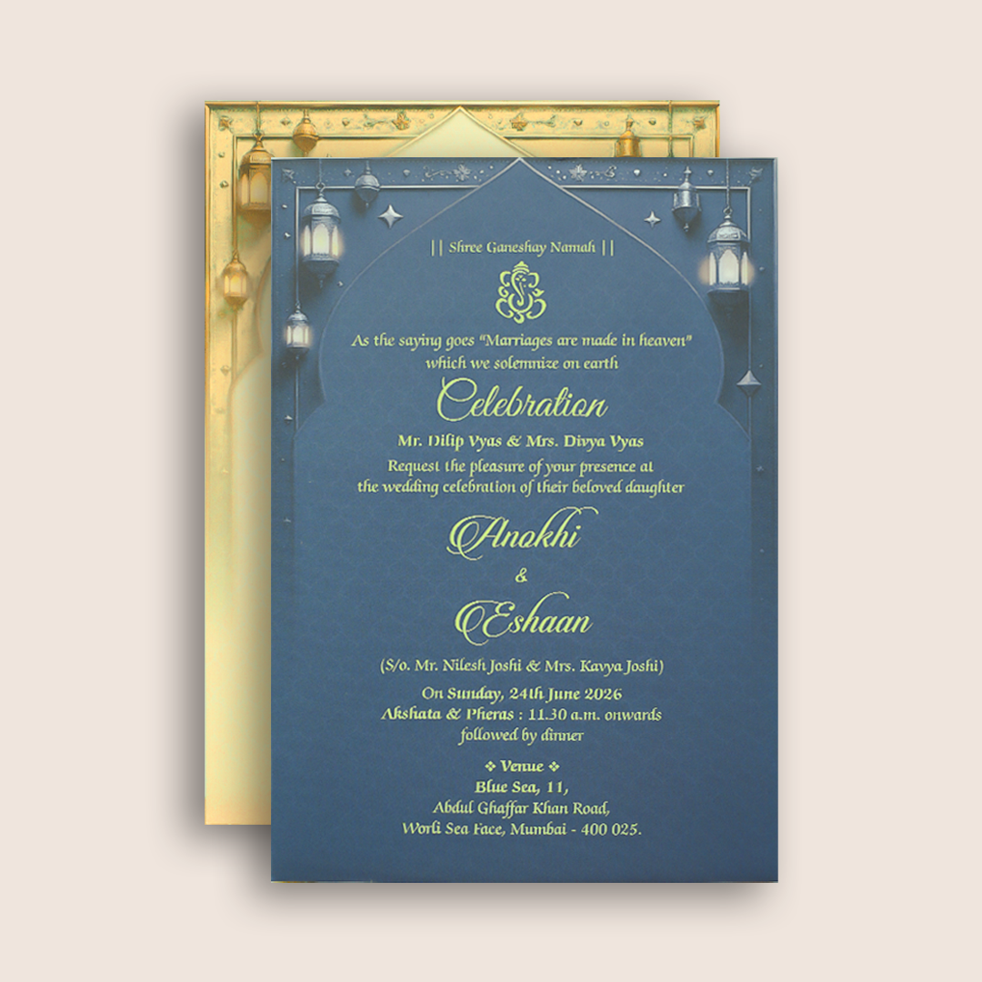 Royal Blue Floral Padded Door Style Wedding Card - KJTS3678