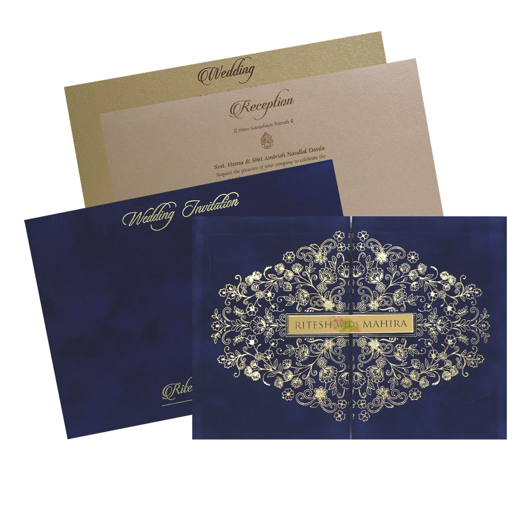Royal Blue Gold Floral Padded Wedding Card - KMMWD1152
