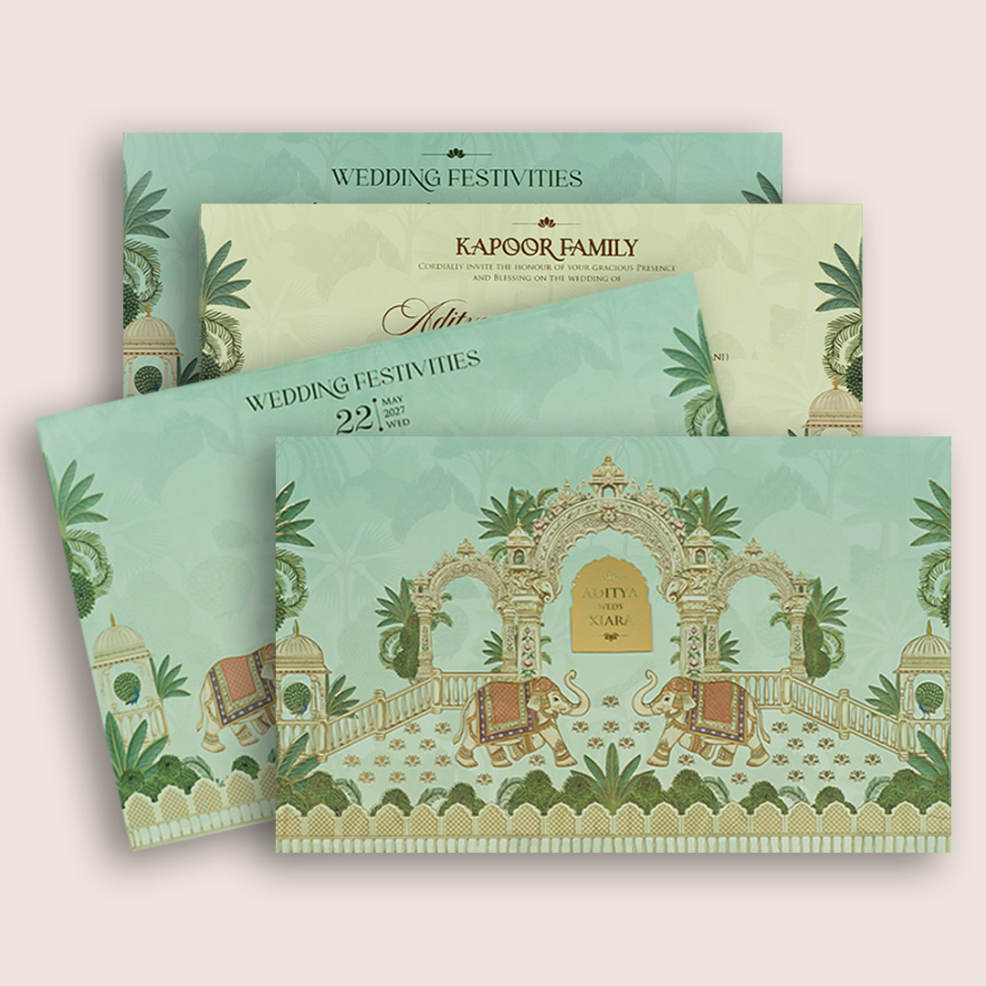 Pastel Green Royal Elephant Marriage Invitation - KFR17530