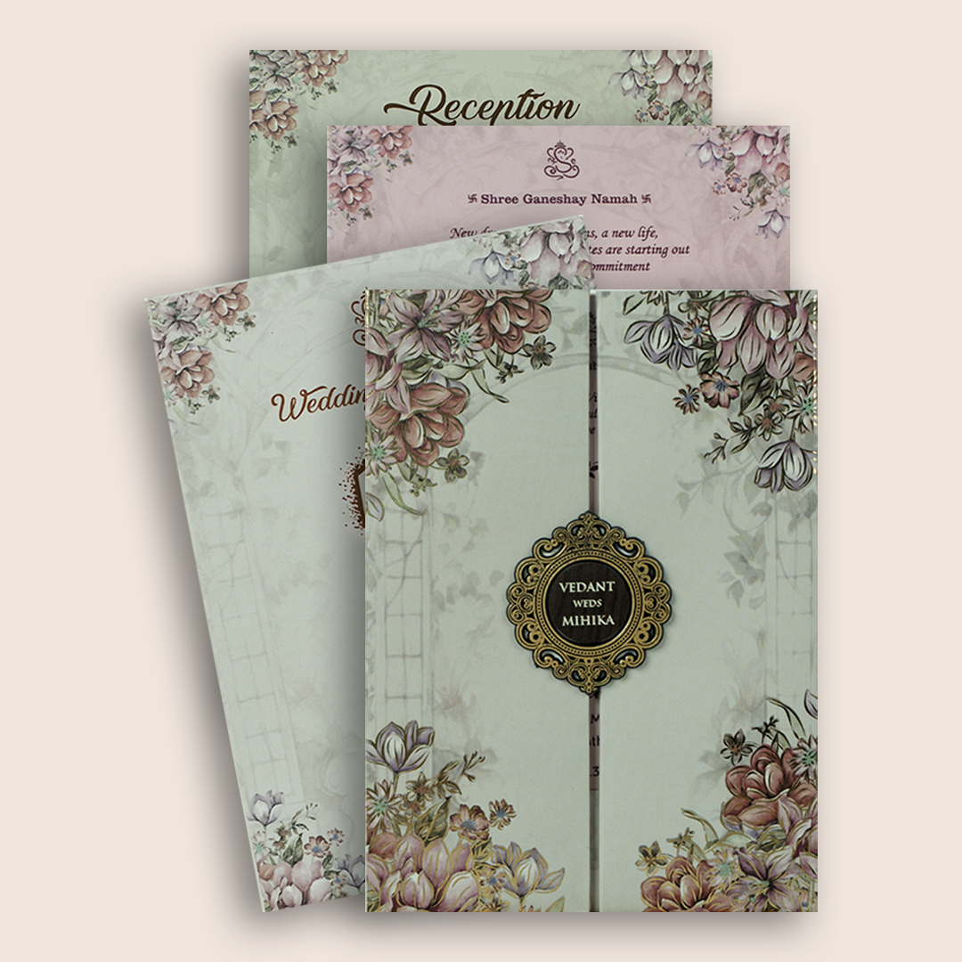 Grey Floral Padded Door Style Marriage Invitation Card - KVN07070