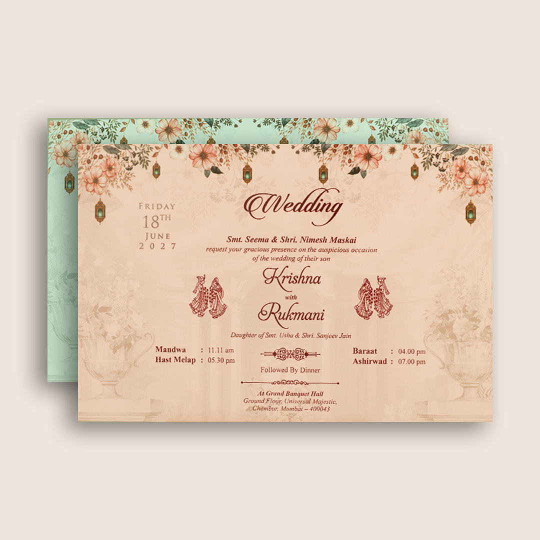 Pale Green Floral Bride Groom Padded Invitation Card - KJTS1827