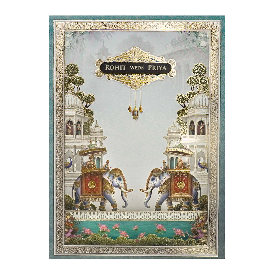 White Royal Elephant Padded Wedding Card-KSH72260