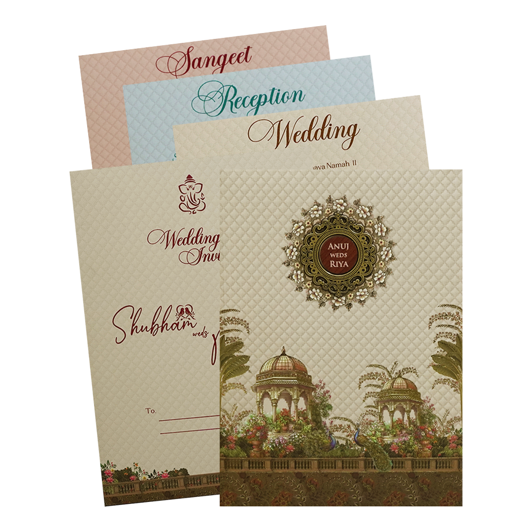 Cream Palace Peacock Padded Wedding Card - KSH72470