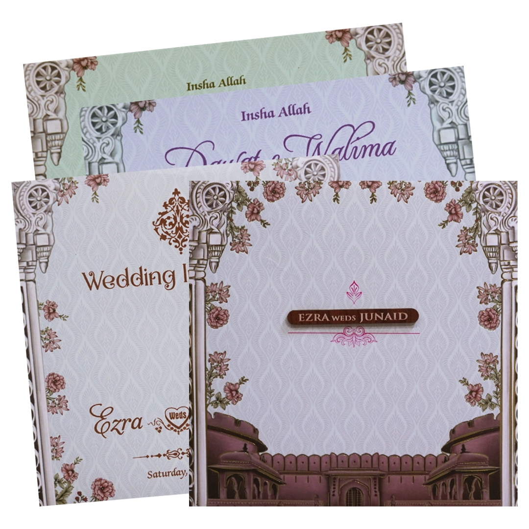 Grey Padded Palace Themed Wedding Card - KVN07490