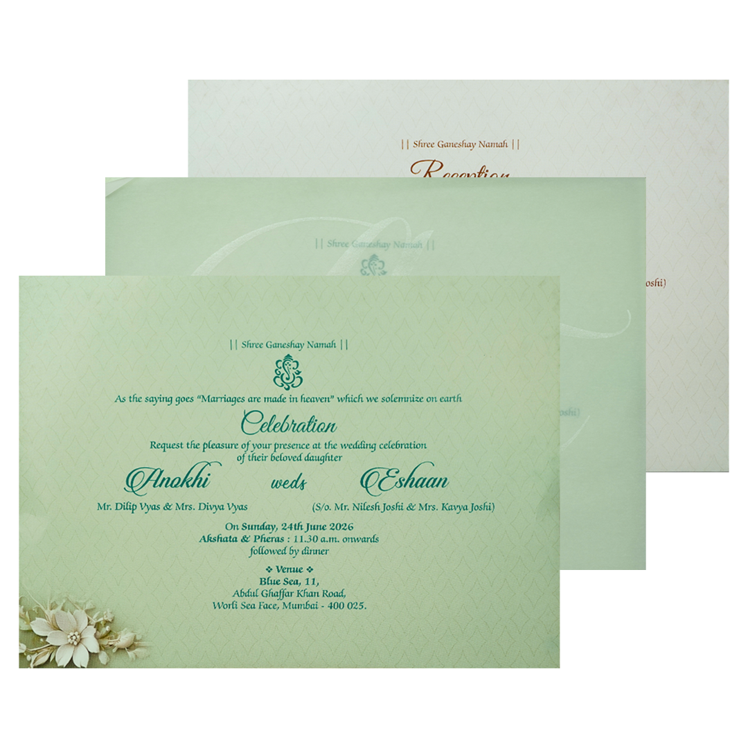 Mint Green Floral Laser Cut Padded Wedding Card-KJTS3680